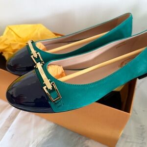 Teal and Navy Leather Cap-Toe Ballet Flats